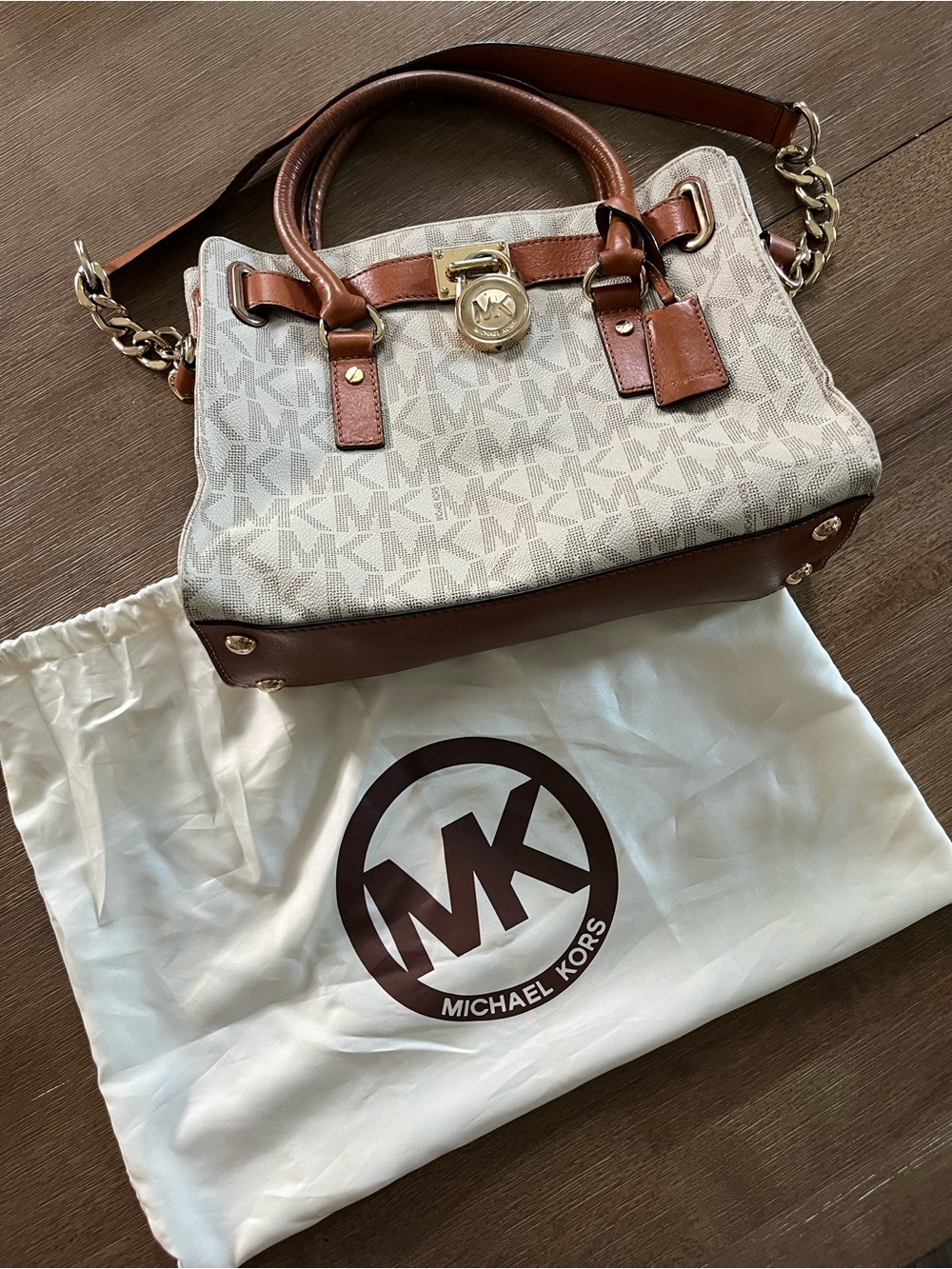 Michael Kors Cream & Brown Signature Satchel with Gold Hardware